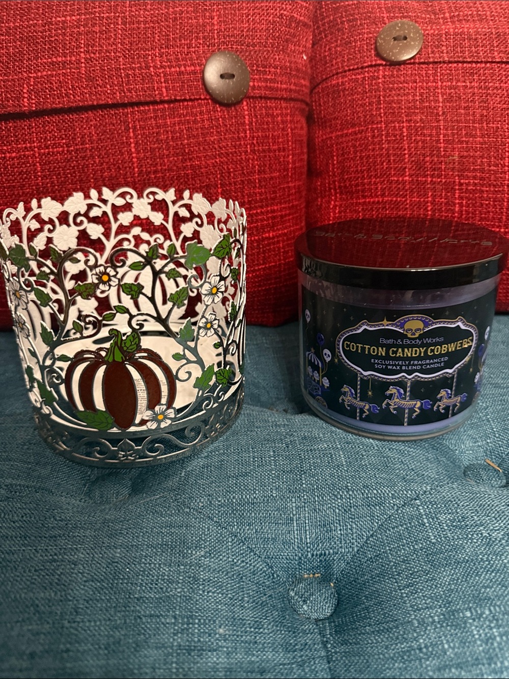 Bath and Body Works Cotton Candy Cobwebs Scented Candle and Pumpkin 3Wick Holder